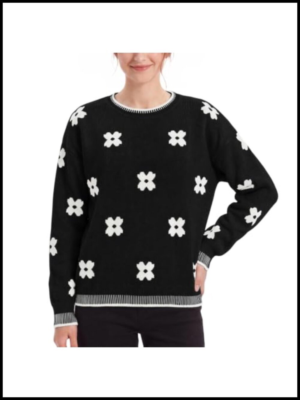 Floral Color Block Crew Neck Long Sleeve Pullover Sweater